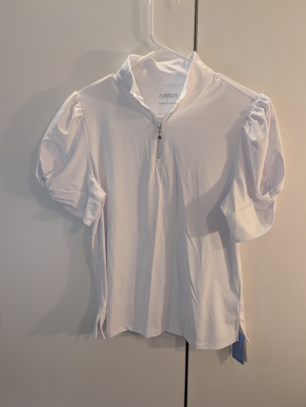 Cegolfs Woman's Large Golf White Puff Sleeve Zip Polo NWT